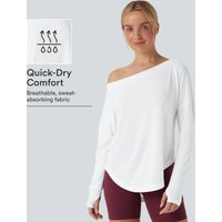 Halara One Shoulder Long Sleeve Thumb Hole Curved Hem High Low Quick Dry Yoga Sports Top - White - XL