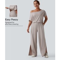 Halara One-shoulder Short Sleeve Split Hem Casual Jumpsuit with Pockets-Easy Peezy - Ashes of Roses - XL(petite)