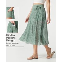 Halara High Waisted Drawstring Leopard Print Contrast Mesh 2-in-1 Flowy Midi Flare Resort Skirt with Pockets - Moss Pebble Dot - XL(regular)