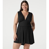 Halara Ribbed V-neck Sleeveless Ruched Built-in Bra Casual Plus Size Playsuit with Pockets-Easy Peezy - Black - 3X