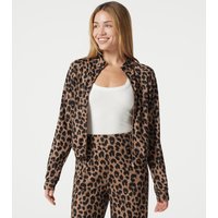 Halara Stand Collar Zipper Long Sleeve Color Block Leopard Print Waffle Casual Jacket with Pockets - Noir Safari - XL