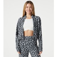 Halara Stand Collar Zipper Long Sleeve Color Block Leopard Print Waffle Casual Jacket with Pockets - Frosted Panther - XL