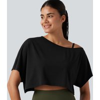 Halara One Shoulder Short Sleeve Built-in Bra Quick Dry 2-Piece Cropped Yoga Sports Top - Black - XL