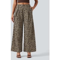 Halara Mid Rise Wide Leg Leopard Print Casual Trousers with Pockets - Toffee Leopard - XL(regular)
