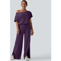 Halara One-shoulder Short Sleeve Split Hem Casual Jumpsuit with Pockets-Easy Peezy - Blackberry Cordial - XL(regular)