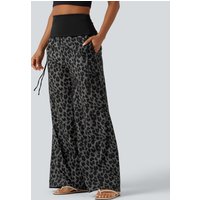 Halara Foldover High Waisted Ruched Drawstring Baggy Leopard Print Casual Trousers with Pockets - Urban Ash Leopard - XL(regular)