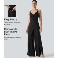 Halara Wrap Split Hem Built-in Bra Casual Slip Baggy Jumpsuit with Pockets-Easy Peezy - Black - XL(regular)