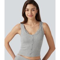 Halara High Stretch Ribbed Knit Square Neck Contrast Lace Casual Tank Top - Fog Gray - XL