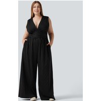 Halara Plus Size Deep V Neck Built-in Bra Sleeveless Ruched Cool Touch Stripe Work Jumpsuit with Pockets-Easy Peezy Edition - Black White Pinstripe - 3X(regular)