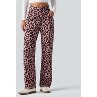Halara High Waisted Crossover Wide Leg Leopard Print Waffle Casual Trousers with Pockets - Blush Panther - XL(regular)