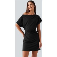Halara One Shoulder Short Sleeve Ruched Tummy Control 2-in-1 Mini Casual Dress - Black - XL
