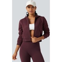Halara Hooded Long Sleeve Fleece Workout Sweatshirt with Pockets - Chocolate Truffle - XL