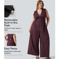 Halara Plus Size Deep V Neck Built-in Bra Sleeveless Ruched Cool Touch Stripe Work Jumpsuit with Pockets-Easy Peezy Edition - Plum Stripe - 3X(regular)