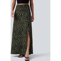 Halara High Waisted Tummy Control Leopard Print Waffle Maxi Casual Skirt with Pocket - Olive Noir - XL(regular)
