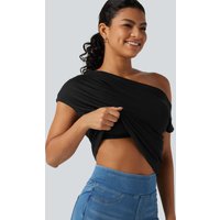 Halara Ribbed One Shoulder Short Sleeve Ruched Built-in Bra Casual T-Shirt - Black - XL