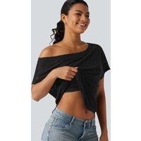 Halara One Shoulder Short Sleeve Built-in Bra Curved Hem High Low Lace Casual Top - Black - XL