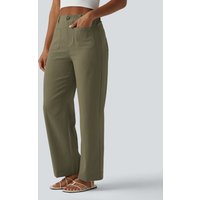 Halara High Waisted Straight Leg Casual Linen-Feel Trousers with Pockets - Moss Dune Green - XL(tall)