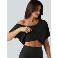 Halara One Shoulder Short Sleeve Built-in Bra Quick Dry Yoga Sports Top - Black - XL