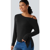 Halara Ribbed One Shoulder Long Sleeve Asymmetric Hem Casual T-Shirt - Black - L
