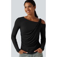 Halara One Shoulder Long Sleeve Ruched Asymmetric Back Casual T-Shirt - Black - XL