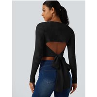 Halara Round Neck Long Sleeve Cut Out Tie Back Casual Jumper - Black - XS
