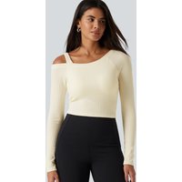 Halara Ribbed Knit One Shoulder Built-in Bra Long Sleeve Cropped Casual Top - Creamy Cloud - XL