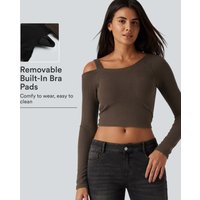 Halara Ribbed Knit One Shoulder Built-in Bra Long Sleeve Cropped Casual Top - Field Brown - XL