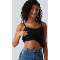 Halara Ribbed Knit Round Neck Contrast Lace Built-in Bra Casual Tank Top - Black - XL
