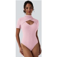 Halara Ribbed Knit High Neck Cut Out Short Sleeve Skinny Casual Bodysuit - Rose Haze Pink - XL