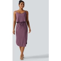 Halara Drawstring Curved Split Hem Midi Casual Slip Dress - Red Violet Floral Yarn - XL
