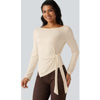 Halara Boat Neck Long Sleeve Tie Side Asymmetric Hem Casual T-Shirt - White Smoke - XL