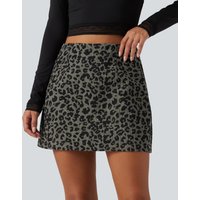 Halara High Waisted 2-in-1 A-Line Leopard Print Corduroy Mini Casual Skirt with Pocket - Snow Leopard Gray - XL(regular)