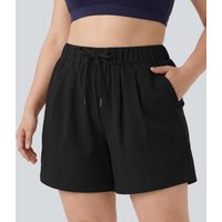 Halara Plus Size High Waisted Elastic Waistband Drawstring Pleated Yoga Shorts 5" with Pockets - Black - 3X