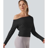 Halara One Shoulder Long Sleeve Ruched InstantCool Yoga Sports Top-UPF50+ - Black - XL