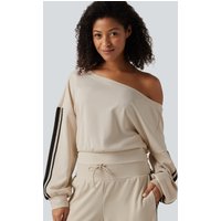 Halara Boat Neck Long Sleeve Side Stripe Waffle Casual Top - Oat Milk - XL