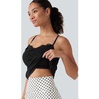 Halara Ribbed Cowl Neck Contrast Lace Ruched Built-in Bra Casual Tank Top - Black - XL