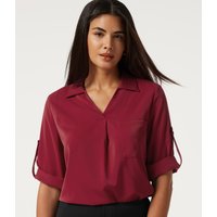 Halara Wrinkle Recovery V Neck Long Sleeve Work Shirt with Pocket - Rhythmic Red - XL
