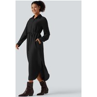 Halara Collar Long Sleeve Belted Curved Split Hem Midi Casual Shirt Dress with Pockets - Black - XL