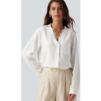Halara V Neck Contrast Lace Long Sleeve Work Shirt with Pocket - Jasmine White - L