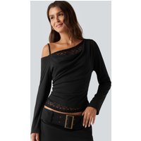 Halara One Shoulder Long Sleeve 2-in-1 Contrast Lace Casual Top - Black - XL