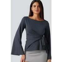 Halara Boat Neck Flounce Long Sleeve Tie Side Ruched Stripe Work Blouse - Navy Pinstripe - XL