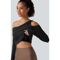 Halara One Shoulder Long Sleeve Thumb Hole Ruched Built-in Bra InstantCool Quick Dry Yoga Sports Top-UPF50+ - Black - XL