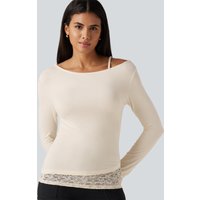 Halara One Shoulder Long Sleeve Contrast Lace Casual T-Shirt - White Asparagus - XL