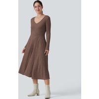Halara Ribbed Knit V Neck Long Sleeve Flare Midi Casual Dress with Pockets - Earthy Brown Floral Yarn - XL
