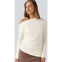 Halara One Shoulder Long Sleeve Ruched Asymmetric Hem Casual Top - Whisper White - XL