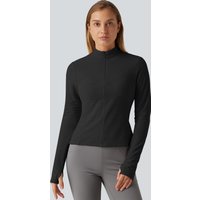Halara Stand Collar Long Sleeve Thumb Hole Casual Fleece Top - Black - XL