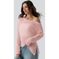 Halara Semi Sheer One Shoulder Long Sleeve Asymmetric Hem Casual T-Shirt - English Rose - XL