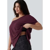 Halara Plus Size One Shoulder Short Sleeve Curved Hem Quick Dry Yoga Sports Top with Built-in Bra - Tibetan Red - 3X
