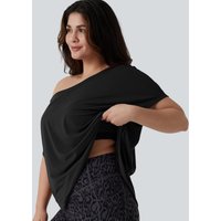 Halara Plus Size One Shoulder Short Sleeve Curved Hem Quick Dry Yoga Sports Top with Built-in Bra - Black - 3X