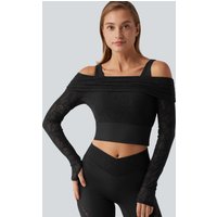 Halara SoftlyZero™ Off Shoulder Long Sleeve Contrast Lace Yoga Sports Top with Built-in Bra - Black - XL